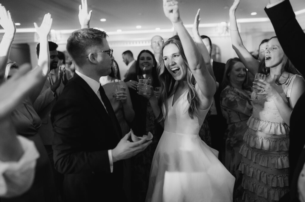 An epic dance party at a wedding reception at Primrose Cottage in Roswell Georgia