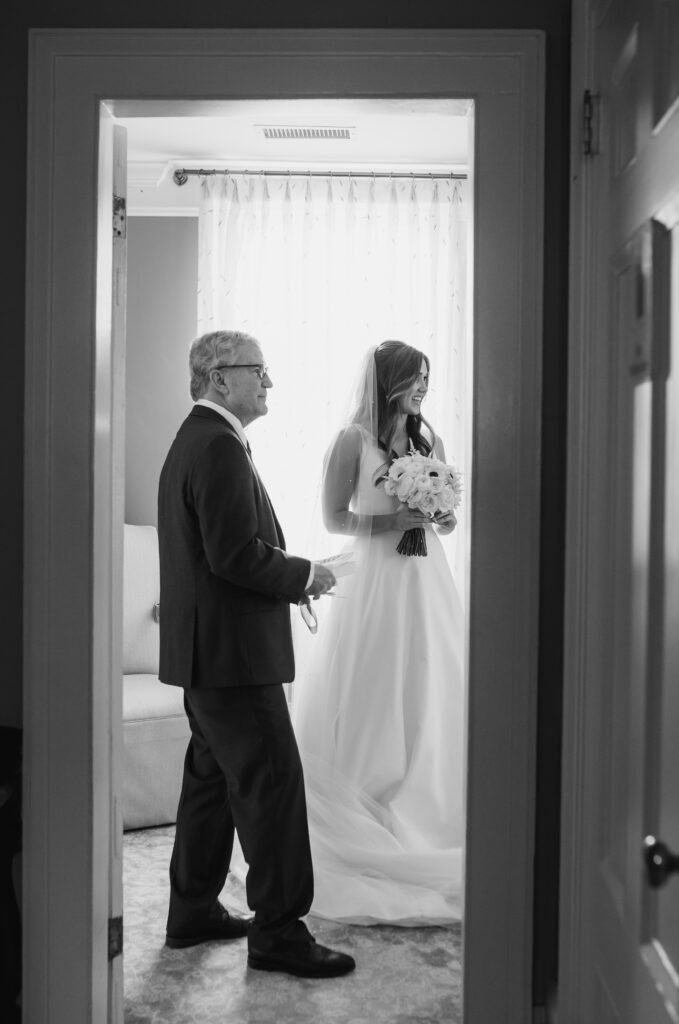 A bride and her soon-to-be father in law before a wedding at Primrose Cottage in Roswell, Georgia